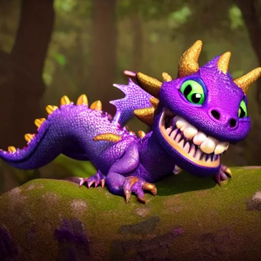 Prompt: adorable baby dragon, the dragon is purple and glittery, big eyes, Pixar CGI, octane render, kawaii