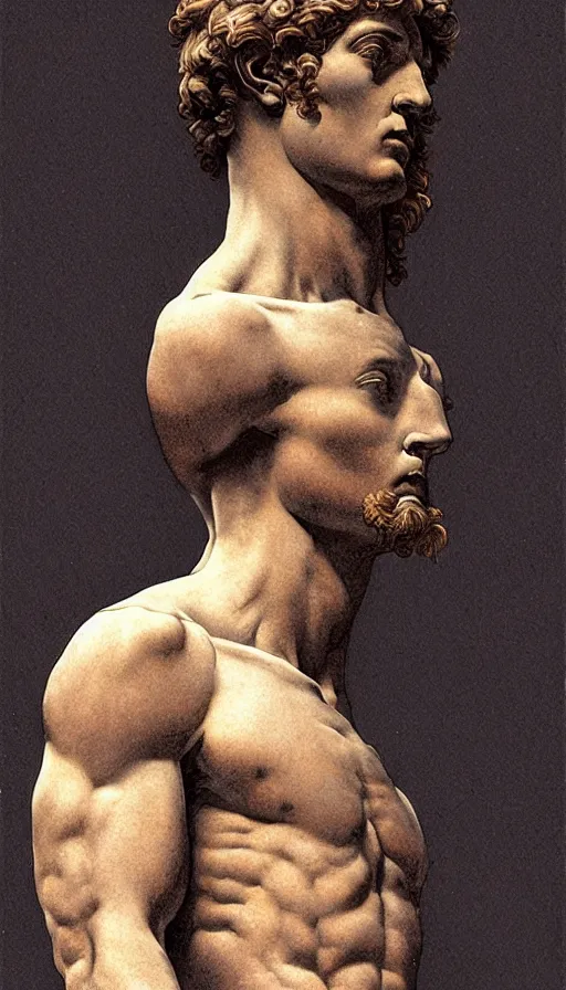 Image similar to Michelangelo\'s David, highly detailed, digital painting, artstation, concept art, smooth, sharp focus, illustration, ArtStation, art by artgerm and greg rutkowski and alphonse mucha and J. C. Leyendecker and Edmund Blair Leighton and Katsuhiro Otomo and Geof Darrow and Phil hale and Ashley wood and Ilya repin and Charlie Bowater