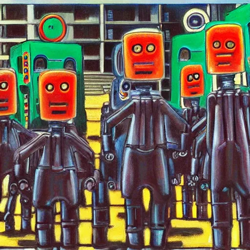 Prompt: a robot parade in a capital plaza by pj crook, color