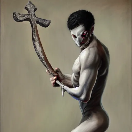 Image similar to fantasy painting of a pale man with a black blade covered in runes, painted by Michael Whalen, ultra detailed, 8k