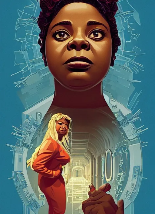 Image similar to poster artwork by Michael Whelan and Tomer Hanuka, Karol Bak of Octavia Spencer has a voice in her head, reality is a labyrinth, psychological thriller from scene from Twin Peaks, clean, simple illustration, nostalgic, domestic, full of details