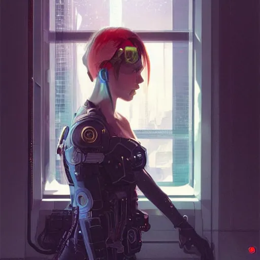 Prompt: portrait of cyberpunk woman looking out of a window, cyberpunk setting, futuristic, highly detailed, intricate lighting, digital painting, sharp focus, illustration, trending on artstation, art by krenz cushart.