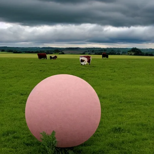 Image similar to a sphere shaped cow in a field