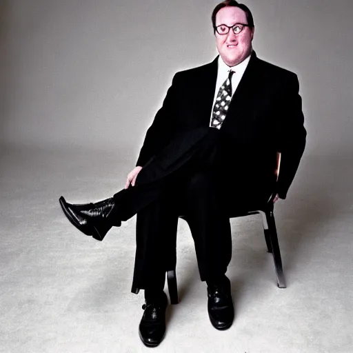 Prompt: 2 0 0 3 john lasseter wearing a black suit and necktie and black shoes sitting in a chair with his legs resting on top of a footstool.