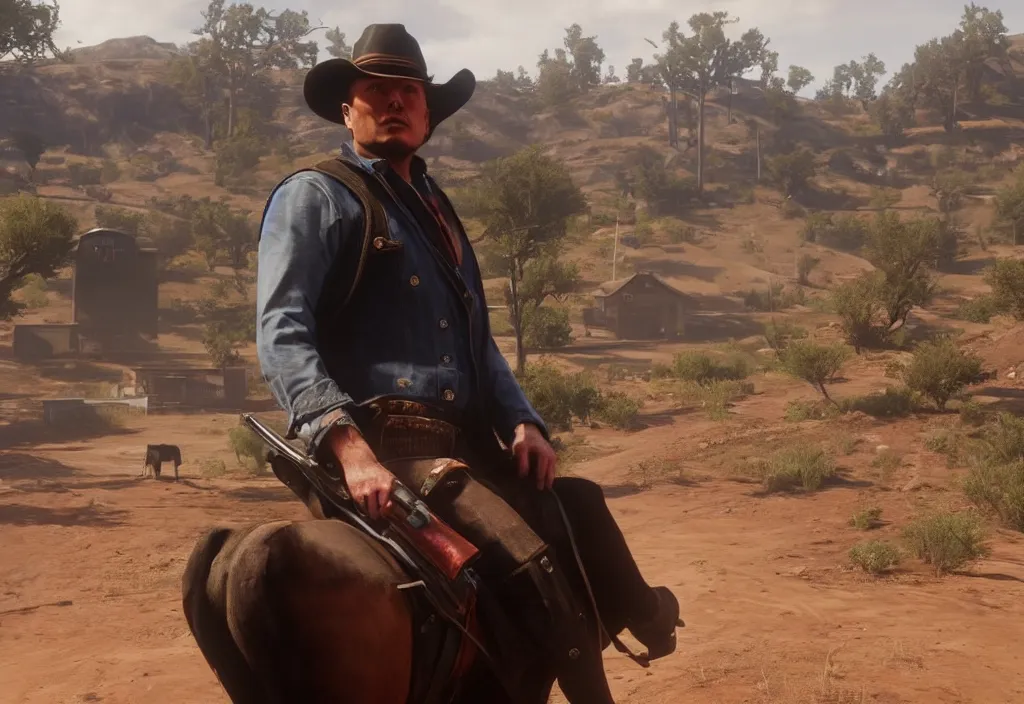 Image similar to elon musk in the red dead redemption 2, elon musk in the video game red dead redemption 2, gameplay screenshot, close up, 3 d rendering. unreal engine. amazing likeness. very detailed.