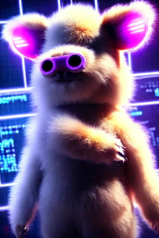 Image similar to high quality 3 d render very cute neuromancer fluffy! mutant cow hybrid! playing keyboard, highly detailed, unreal engine cinematic smooth, in the style of blade runner & detective pikachu, hannah yata charlie immer, moody blue light, low angle, uhd 8 k, sharp focus