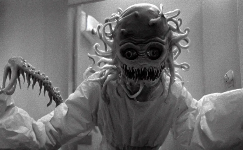 Image similar to scary filmic wide shot angle movie still 35mm film color photograph of a shape shifting horrific nightmarish abstract alien organism from The Thing 1982 spewing toxic spined tentacles made out of flesh strangling a doctor wearing a lab coat and surgical mask in the style of a horror film
