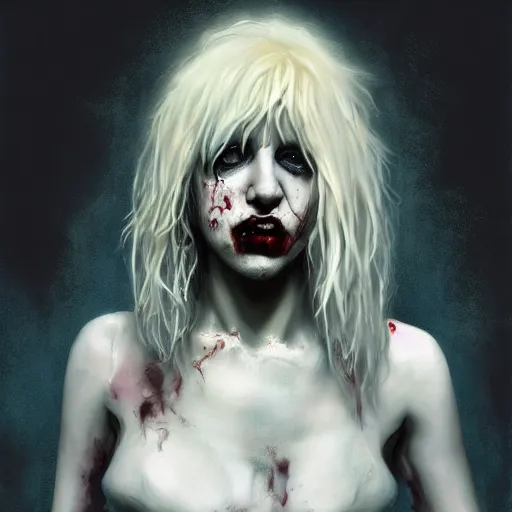 Prompt: portrait of young courtney love as a zombie with platinum blonde fluffy hair, 7 days to die zombie, gritty background, fine art, award winning, intricate, elegant, sharp focus, cinematic lighting, digital painting, 8 k concept art, art by michael hussar, art by brom, art by guweiz and z. w. gu, 8 k