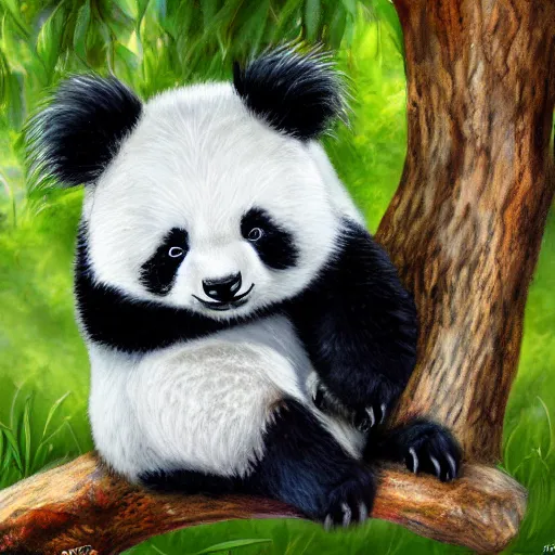 Prompt: hybrid creature mix of cute fluffy panda and cute fluffy koala, hanging from tree branch, detailed painting 4 k