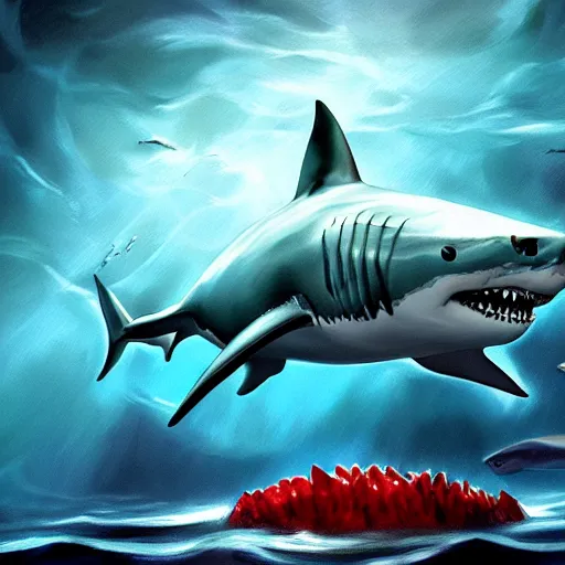 Prompt: a dream fantasy painting of white shark with blood teeth near a swimming man, in the deep, trending on artstation, deviantart, photorealism