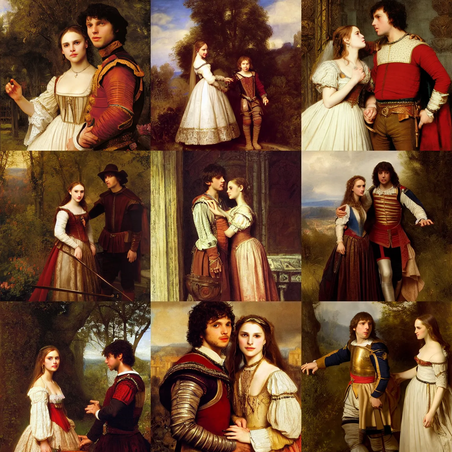 Prompt: juliet ( young natalie portman ) and romeo ( young jesse eisenberg ) in the 1 6 th century verone, oil canvas by greg rutkowski, jan matejko, ivan shishkin and rembrandt