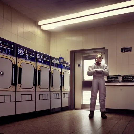 Image similar to a beautiful photo of an astronaut waiting in a laundromat, 1970', soft light, morning light, photorealistic, realistic, octane, 8k, cinematic shot