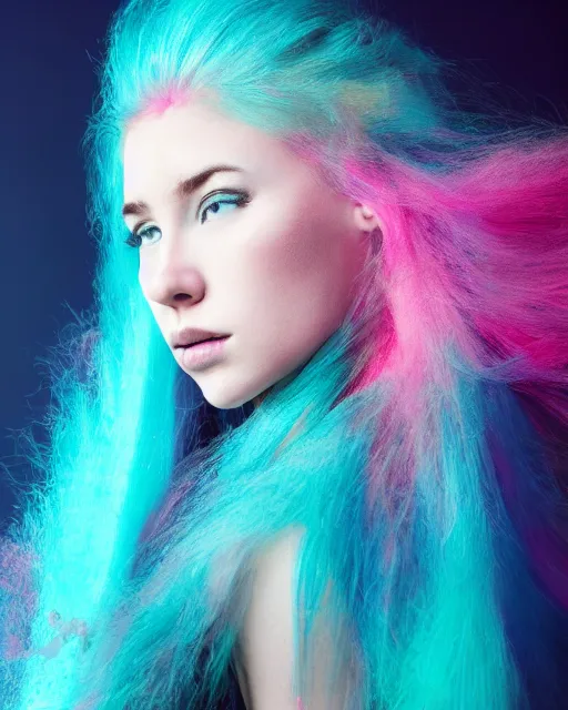 Prompt: a dramatic lighting photo of a beautiful young woman with cotton candy hair. paint splashes with a little bit of cyan and pink