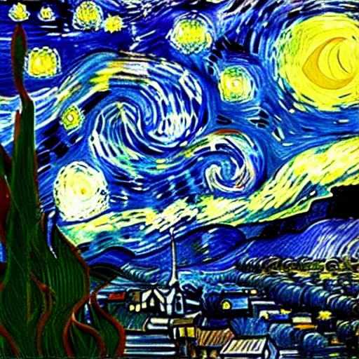 Image similar to a painting of a starry night over a martian cooling by vincent van gogh, featured on pixiv, futurism, sci - fi, post - impressionism, impressionism, painterly, detailed painting