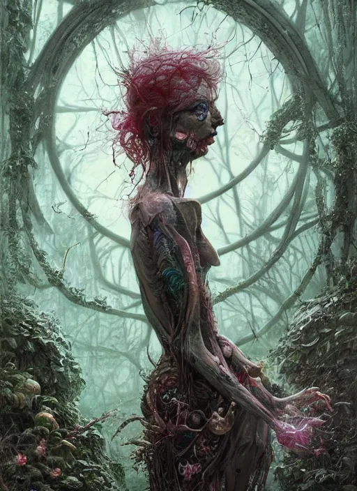 Image similar to Alice fails to get to the special garden,highly detailed,half skull face,cinematic,8k,by Stanley Artgermm,Tom Bagshaw,Greg Rutkowski,Carne Griffiths, Ayami Kojima, Beksinski, Giger,trending on DeviantArt,hyper detailed,horror, full of colour