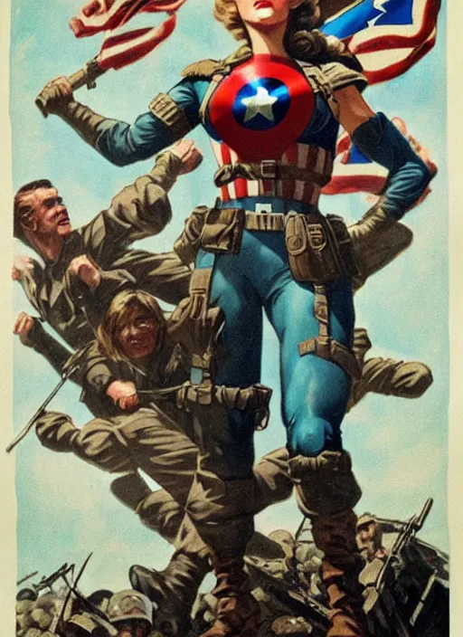 Prompt: beautiful female captain america standing on a pile of defeated german soldiers. feminist captain america wins wwii. american wwii propaganda poster by james gurney. gorgeous face. braided hair. overwatch