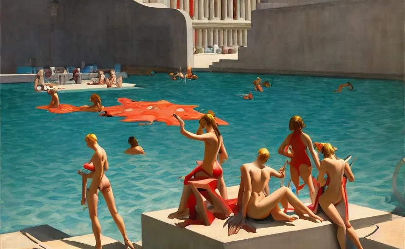 Image similar to Inside a big greek goddess pool and ladies in bikini, very coherent, painted by Edward Hopper, Wayne Barlowe, painted by James Gilleard, airbrush, art by JamesJean