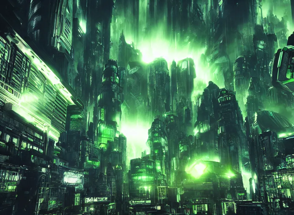 Prompt: an green massive interdimensional portal opening in the center of a vast megacity, judge dredd, dredd, volumetric light, rendered in octane, ray tracing on epic settings, epic scale, epic scene