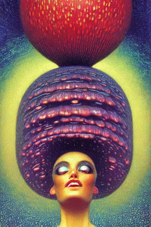 Image similar to 8 0 s art deco close up portait of mushroom head with big mouth surrounded by spheres, rain like a dream oil painting curvalinear clothing cinematic dramatic fluid lines otherworldly vaporwave interesting details epic composition by artgerm rutkowski moebius francis bacon gustav klimt