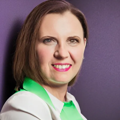 Image similar to corporate portrait, senior sales director, purple green color scheme, professional studio lighting, hyperreal detailed lifelike facial features, corporate portraiture