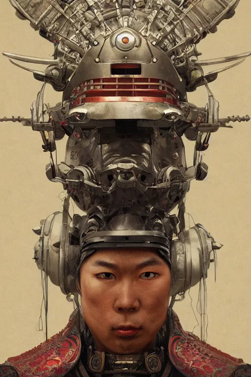 Image similar to a portrait of a japanese samurai robot illustrated by miyazaki by karol bak, james jean, tom bagshaw, rococo, sharp focus, trending on artstation, cinematic lighting, hyper realism, octane render, 8 k, hyper detailed, vivid, ultra detailed, highly detailed