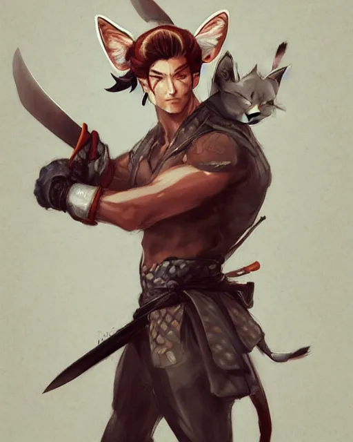 Image similar to A handsome, muscular man with fox ears and a katana wearing a kimono, portrait, bishounen, visualartzi, Japanese, concept art by Karla Ortiz, James Paick, Charlie Bowater, Krenz Cushart, highly detailed, ultra detailed, ultra realistic, trending on artstation, cgstudio