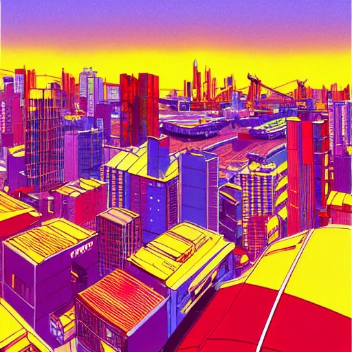 Prompt: wharf, [ red - yellow - blue buildings ], city on mountainside in distance, japanese city, cel - shading, 2 0 0 1 anime, flcl, jet set radio future, the world ends with you, sunshine, cel - shaded, strong shadows, vivid hues, y 2 k aesthetic, art by artgerm