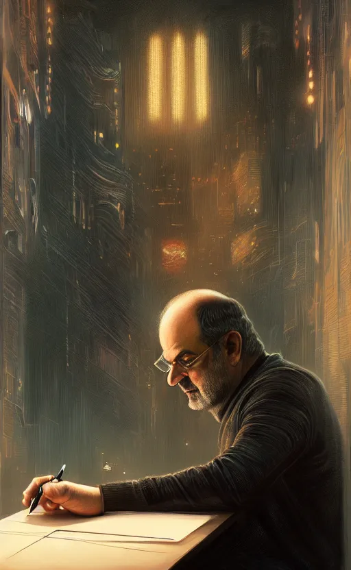 Image similar to portrait of salman rushdie writing in the dark, deep focus, blade runner 2 0 4 9, fantasy, intricate, elegant, highly detailed, digital painting, artstation, concept art, matte, sharp focus, illustration, art by artgerm and greg rutkowski and alphonse mucha