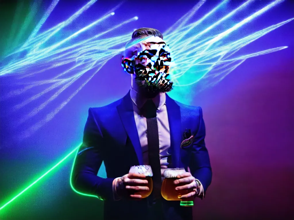 Prompt: conor mcgregor drinking a beer in an irish pub, laser show with blue cloud patterns, well framed, neon standup bar, trending on art station, in the style of the movie heat with al pacino, volumetric lighting & shadows, digital art, unreal engine, 4 0 0 mm f 1. 2,