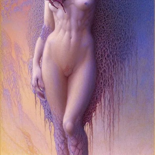 Image similar to cute young vampire tomboy girl with short short short dark hairs on lovecraftian planet by jean delville by luis royo and wayne barlowe, beksinski