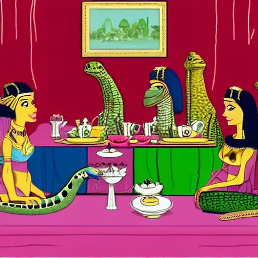 Prompt: Cleopatra and a Nile crocodile tea party, style of Hannah Barbera cartoons