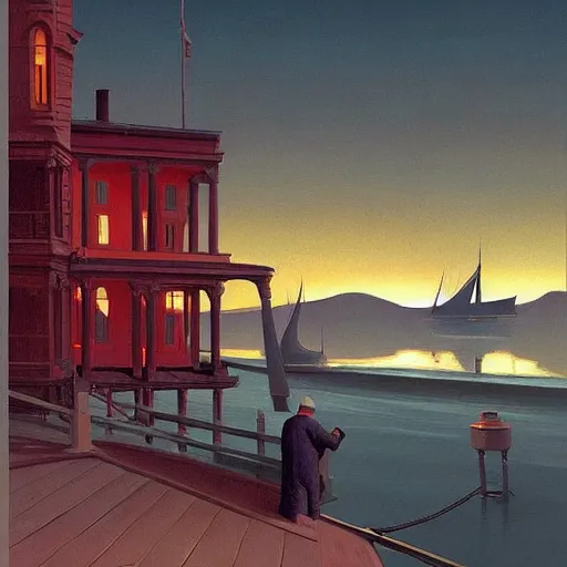 Image similar to Old victorian harbour at dusk, very coherent, painted by Edward Hopper, Wayne Barlowe, painted by James Gilleard, airbrush, art by JamesJean