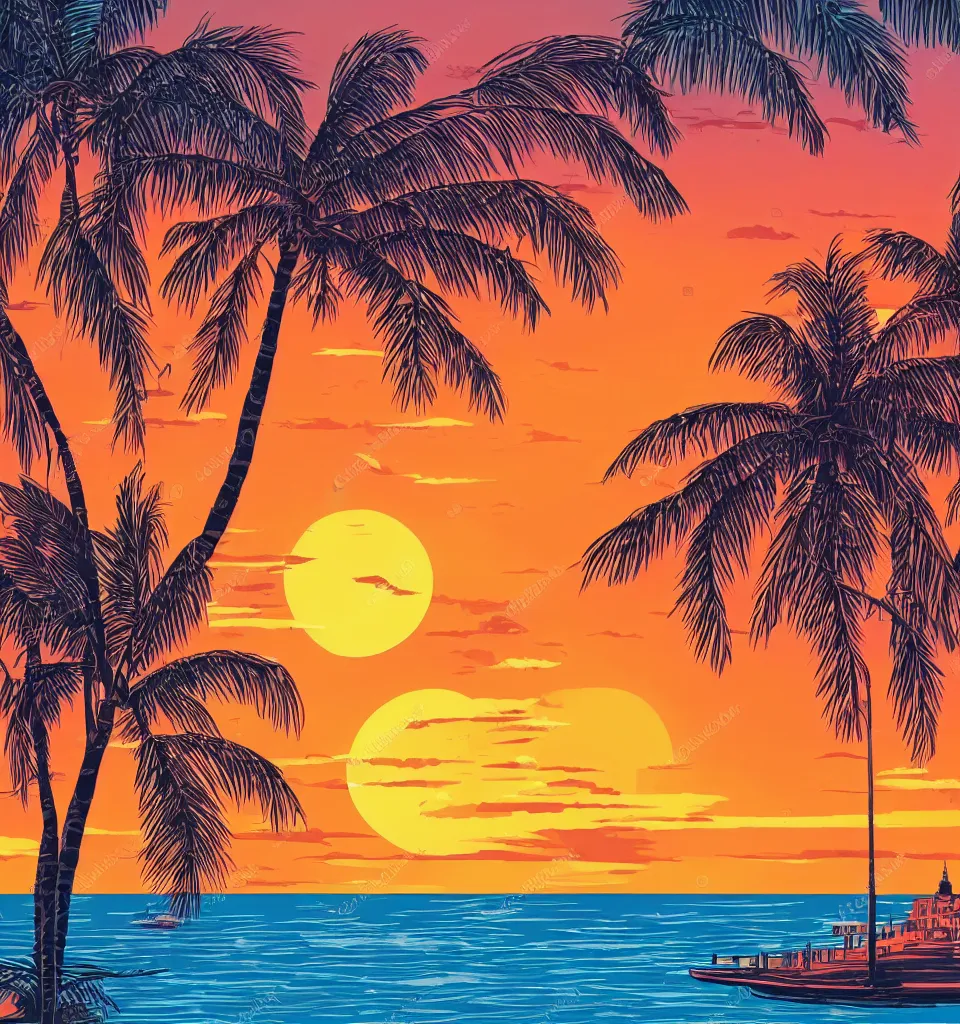 Image similar to gorgeous romantic sunset, cliffside onlooking the beautiful city of new york, warm colors, tropical, in the style of hiroshi nagai, very detailed, tropical, 8 0 s