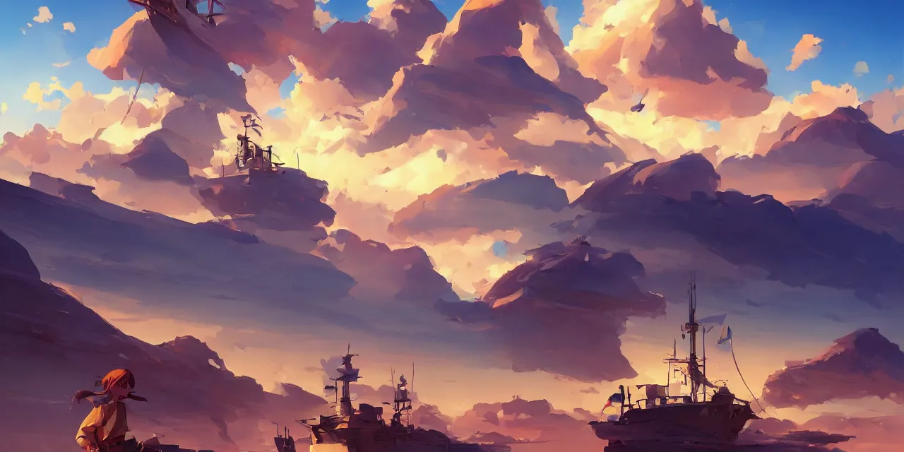 Image similar to blue desert with pirate ship in the sky, official fanart behance hd artstation by jesper ejsing, by rhads, makoto shinkai and lois van baarle, ilya kuvshinov, ossdraws