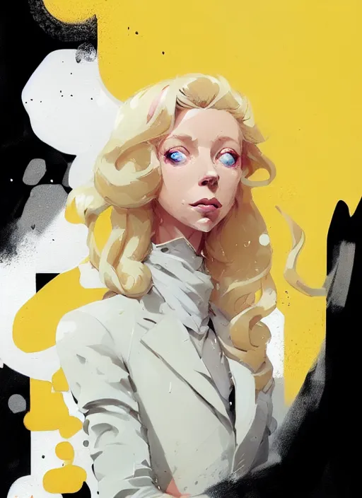 Image similar to highly detailed closeup portrait of beautiful portia doubleday, blonde wavy hair, angela moss, white suit by atey ghailan, by greg rutkowski, by greg tocchini, by james gilleard, by joe fenton, by kaethe butcher, gradient yellow, black and white color scheme, grunge aesthetic!!! ( ( graffiti tag wall background ) )