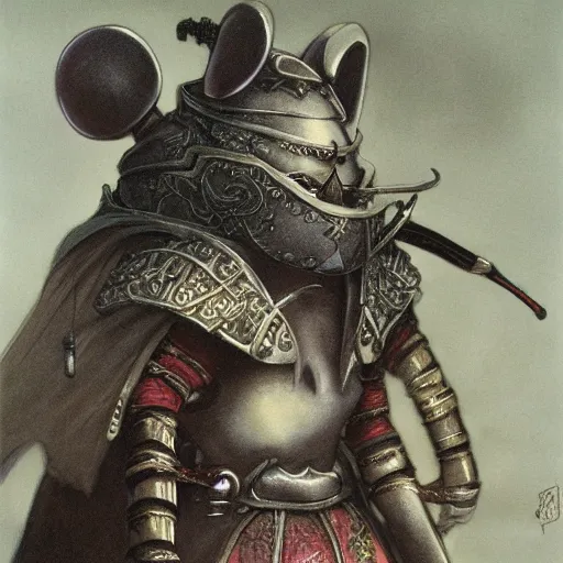 Prompt: an anthropomorphic white mouse samurai wearing armor by Eiko Ishioka cinematic concept painting by brian froud and hr giger