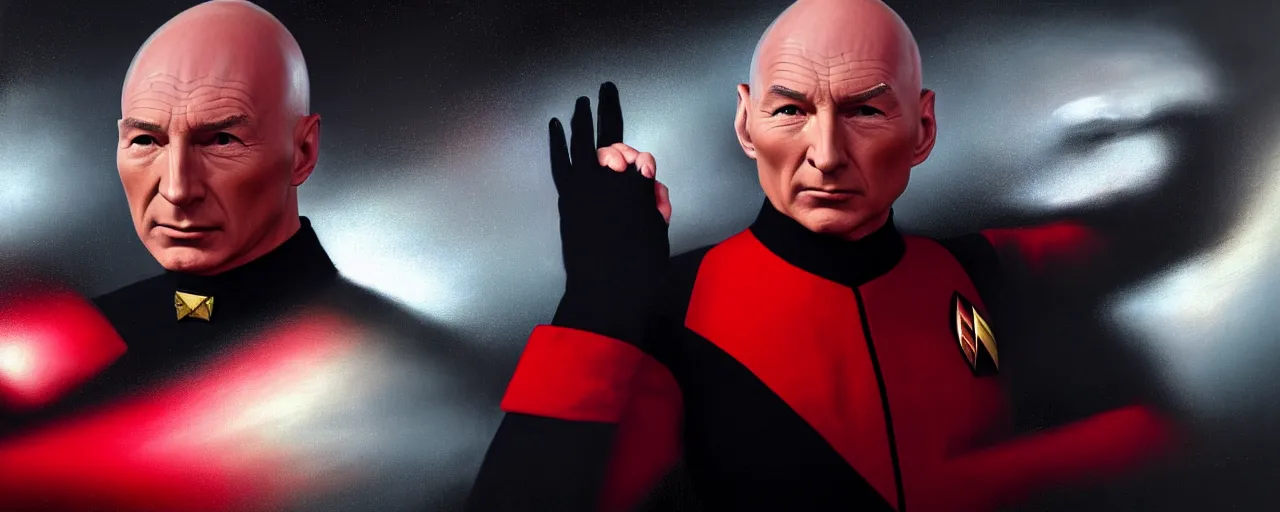 Image similar to duotone black and red concept 3 / 4 portrait of ( ( ( picard facepalm meme ) ) ) captain jean - luc picard doing facepalm inside uss enterprise. accidental renaissance. concept by stanley kubrick. sergey kolesov and ruan jia and heng z. graffiti art, scifi, fantasy, hyper detailed. octane render. trending on artstation