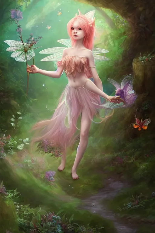 Image similar to a cute and geogerous fairy in the dreamy forest, fantasy, dreamlike, 8 k resolution, hyper detailed, d & d, character design, digital painting, trending on artstation, sharp focus, illustration, art by viktoria gavrilenko, hoang lap, fuji choko, steve zheng,