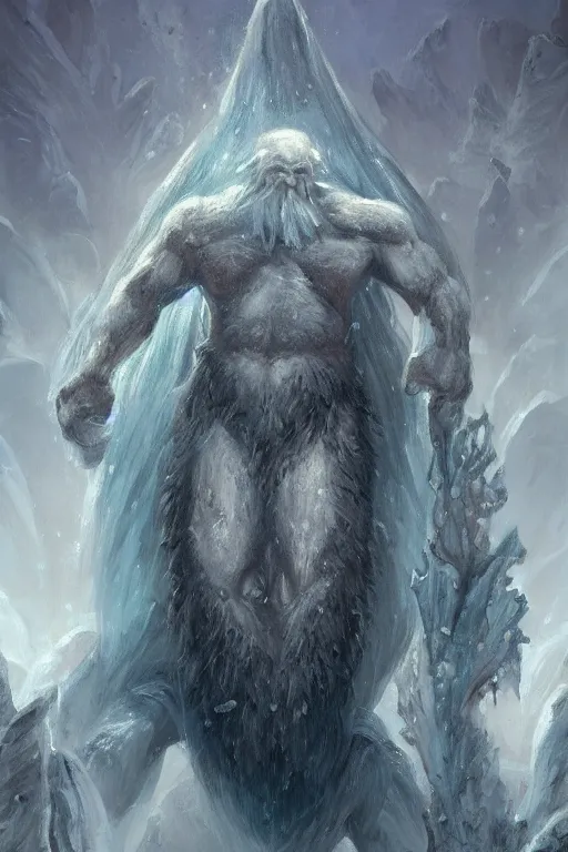 Prompt: north mythology concept art portrait painting of ice gigant ymir the ancestor of all giants by james gurney and alix branwyn and leesha hannigan, trending on artstation, mythical tarot style, detailed