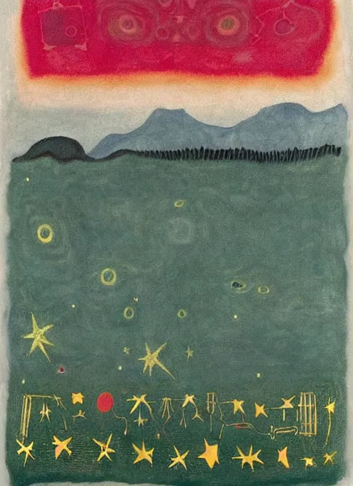 Prompt: wonky alien skeleton cook with knives in a dark green cloudy night sky with golden foil stars, occult symbols and tears, mountain lake and blossoming field in background, painted by mark rothko, helen frankenthaler, danny fox and hilma af klint, very pixelated, naive, expressionism