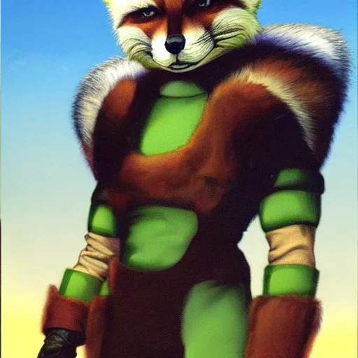 Image similar to a portrait of fox mccloud posing proudly, suspenseful, anthropomorphic furry art, star fox, by jim burns, vincent di fate, and peter elson