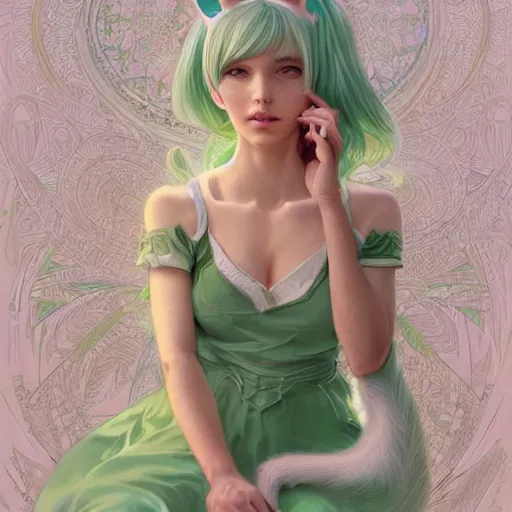 Image similar to ultra realistic illustration, dream girl with white hair, with light green eyes, with cat ears, in a sundress, intricate, elegant, highly detailed, digital painting, artstation, concept art, smooth, sharp focus, illustration, art by artgerm and greg rutkowski and alphonse mucha