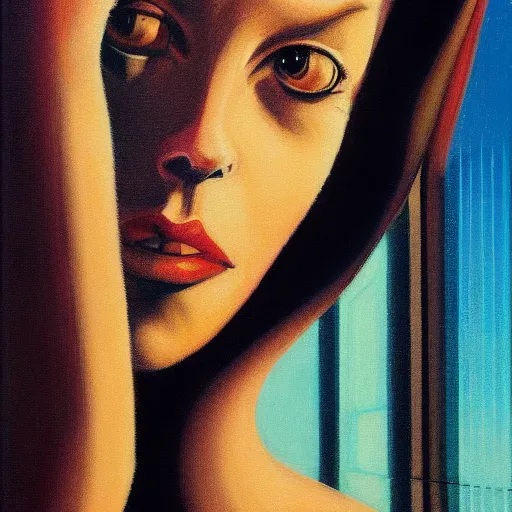 Image similar to detailed face of a woman, clockwork, moment, tectonic sky, skydome, bullet train, turbines, utopian, tech noir, wet reflections, prism, atmospheric, ambient, pj crook, syd mead, livia prima, greg rutkowski, edward hopper