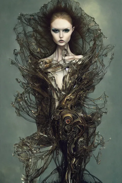 Prompt: an intricate realistic oil painting of a fashion model resembling lily cole, wearing avant garde fashion, shoes, clothing by alexander mcqueen, clothing by iris van herpen, full body, headspace, runway, by tom bagshaw, by karol bak