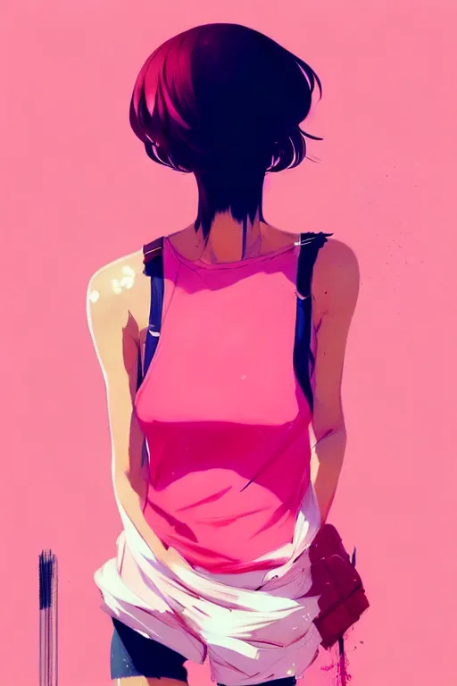 Image similar to a ultradetailed beautiful painting of a stylish woman in a pink tank top, by conrad roset, greg rutkowski and makoto shinkai trending on artstation