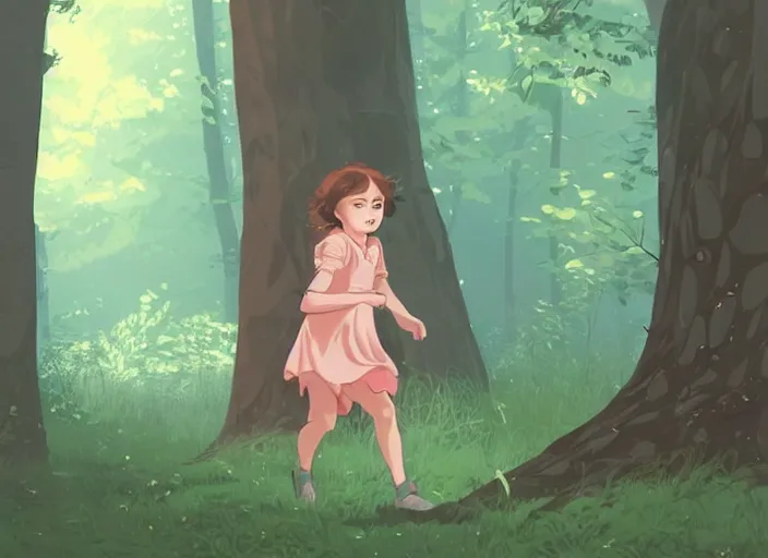 Image similar to little girl with short wavy curly light brown hair chasing will o the wisp in the woods. clean cel shaded vector art. shutterstock. behance hd by lois van baarle, artgerm, helen huang, by makoto shinkai and ilya kuvshinov, rossdraws, illustration, art by ilya kuvshinov