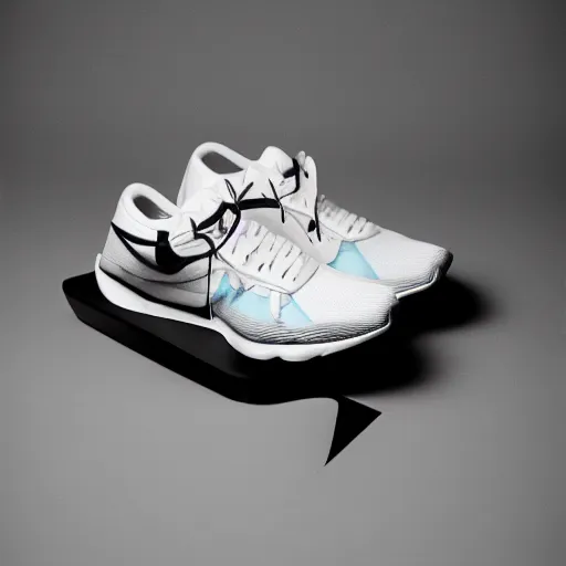Image similar to a studio photoshoot of A floating Nike running sneaker designed by Virgil Abloh, mesh fabrics, Off-White, realistic, color film photography by Tlyer Mitchell, 35 mm, graflex