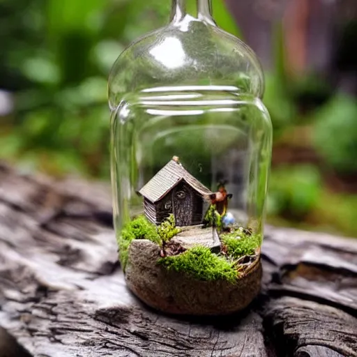 Prompt: tiny people living in a wooden cottage inside a terrarium bottle.