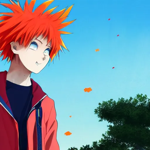 Image similar to orange - haired anime boy, 1 7 - year - old anime boy with wild spiky hair, wearing red jacket, flying through sky, ultra - high jump, late evening, blue hour, cirrus clouds, pearly sky, ultra - realistic, sharp details, subsurface scattering, blue sunshine, intricate details, hd anime, 2 0 1 9 anime