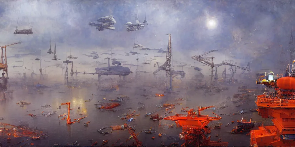 a foggy spaceship harbor in the clouds with huge | Stable Diffusion ...